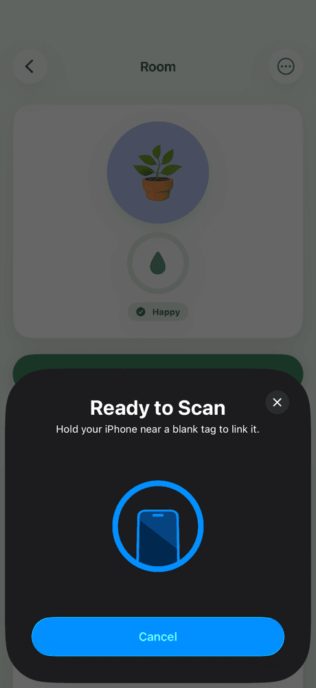 iOS's system scan sheet reading "Ready to Scan — hold your iPhone near a blank tag to link it."