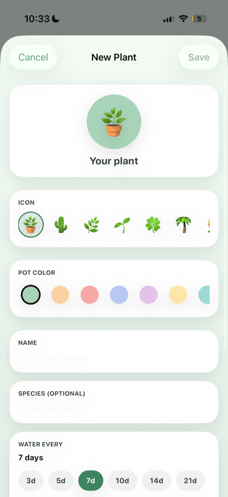 The New Plant form: emoji icon picker, pot colour swatches, name and species fields, and a watering interval selector set to 7 days.