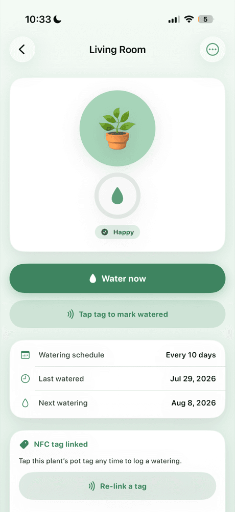 A plant's detail screen: a hydration ring with a "Happy" badge, a Water now button, a Tap tag to mark watered button, a schedule of every 10 days, and an NFC tag linked card.